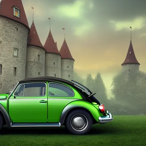 An old green VW Beetle, driving towards an Austrian castle, 8k, HD, cinematography, photorealistic, Cinematic, Color Grading, Ultra-Wide Angle, Depth of Field, hyper-detailed, beautifully color-coded, intricate details, beautifully color graded, Cinematic, Color Grading, Editorial Photography, Depth of Field, DOF, Tilt Blur, White Balance, 32k, Super-Resolution, Megapixel, ProPhoto RGB, VR, Halfrear Lighting, Backlight, Natural Lighti