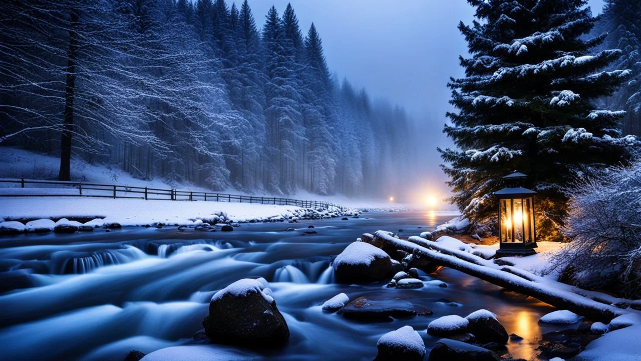 fir forrest scenery, heavy mist,mist shadows,valley,creek,forest,christmas lanterns,tree,,nature,night,snow,fir tree,high-quality photograph