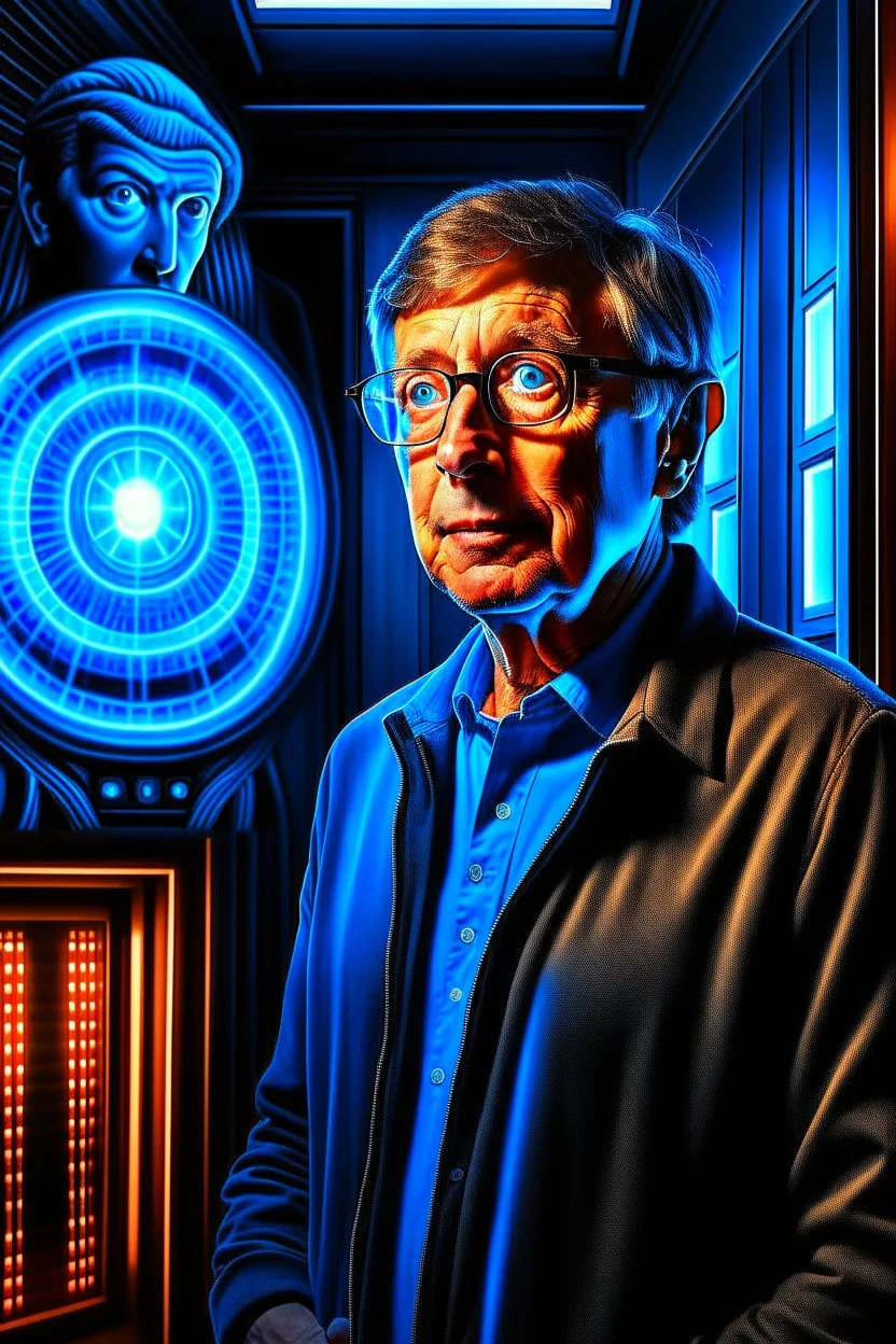 bill gates with a patent in the style of giger, spray paint, photo realism, trending on art station, 8k, depth of field, down light, light rays, volumetric, white hall in spaceship, blue, brown and orange