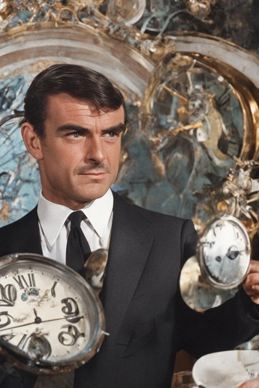 Hickory Dickory dock, He had a most impressive clock, extremely young, 20-year-old Sean Connery, with short, black hair, wearing a black Tuxedo, as James Bond, Bright, Colorful, vibrant, clear, 1080p, 32k UHD