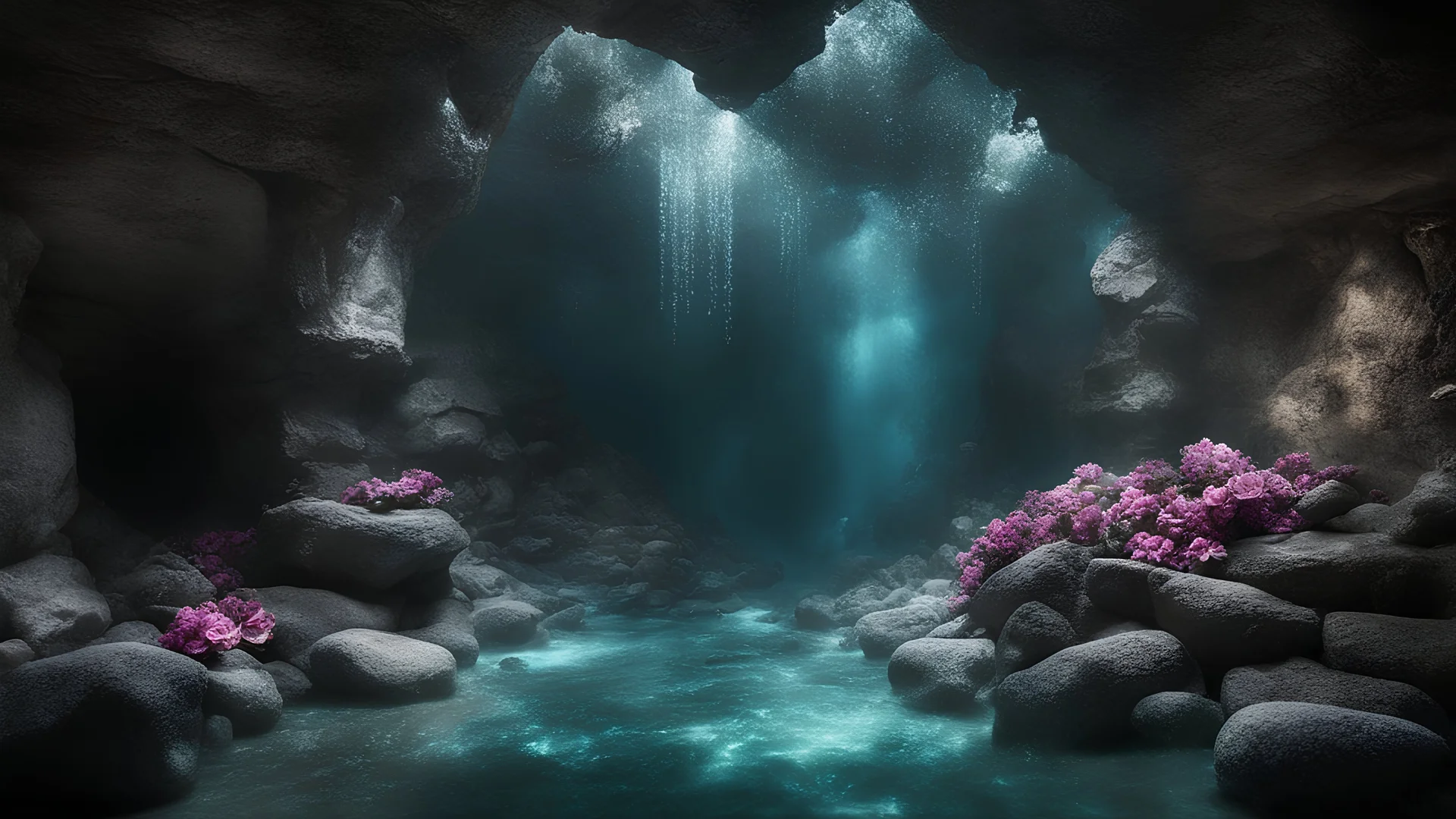 Photoreal magnificent magical view of a deep dark underwater cavern, dimly lit by glass fluorescent glass ceiling glass roses on the ceiling, magical vapor hangs in the air, a pile of stone rubble against the cave wall by lee jeffries, otherworldly creature, in the style of fantasy movies, photorealistic, bokeh masterpiece smooth shading, ultra detailed, high resolution, cinematic, unreal 6, subtle shadows, octane render, 8k, cinema 4d, HDR, dust effect, vivid colors