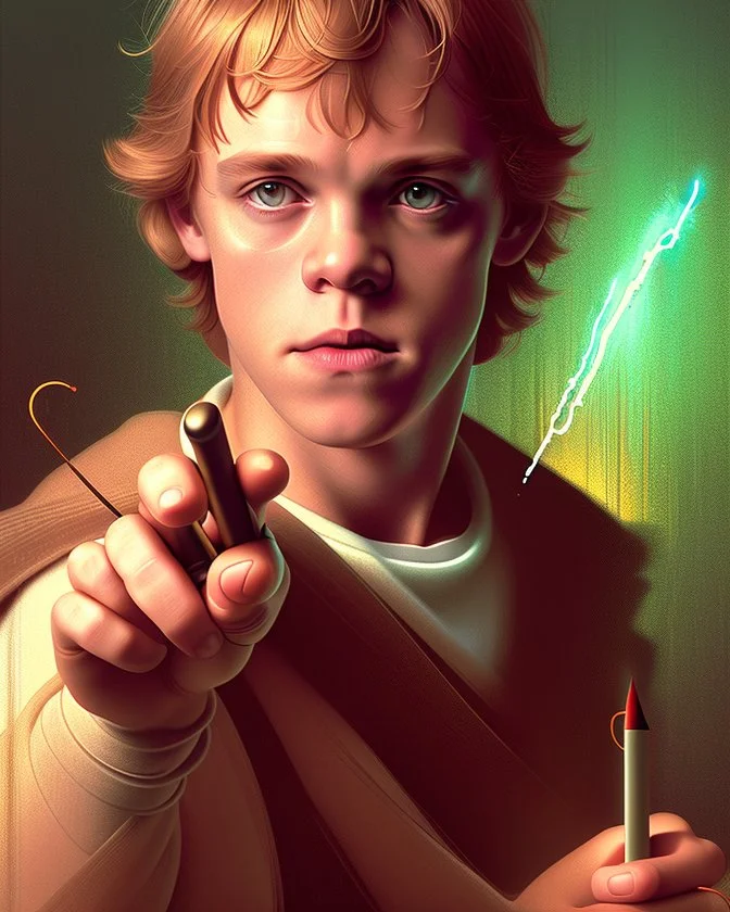 Portrait of young Luke Skywalker holding a pencil by Alex Ross, Disney, CGSociety, Carne Griffiths, Leonardo DaVinci, James Christensen character design, digital illustration, detailed sky background, Norman Rockwell, 8k resolution, Lou Xaz, cinema 4d