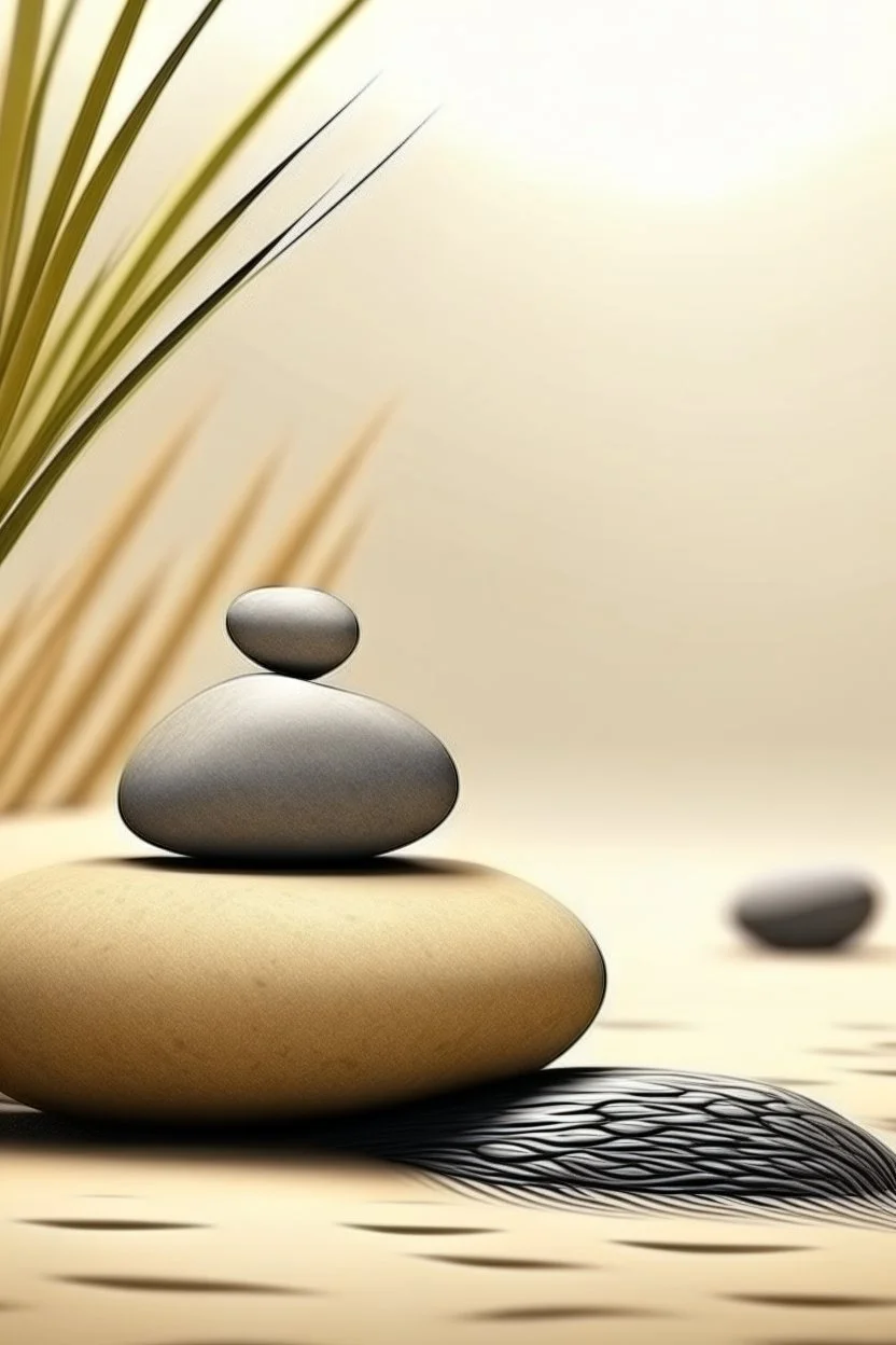 delicate background with spa stones and a bamboo stem, in the background sand on the stones abstract silhouette meditation, photorealistic photo