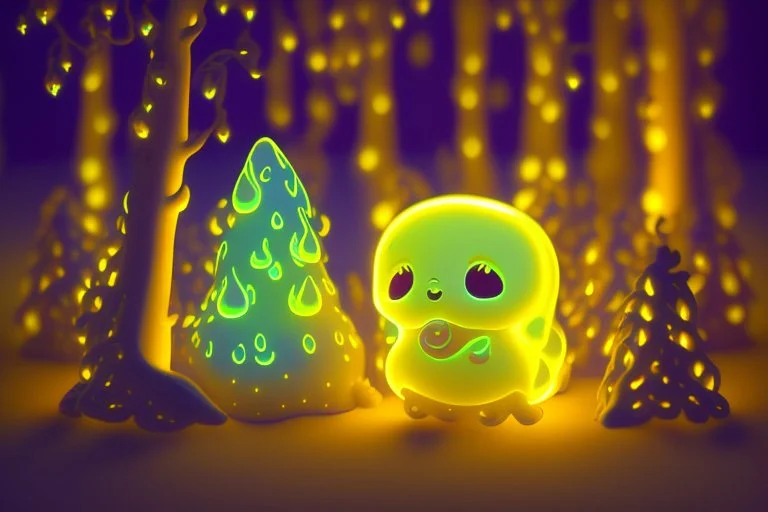 cute chibi slime radiant golden glow in mystical bioluminescent forest , highly detailed , cute facial features , 3D reflections