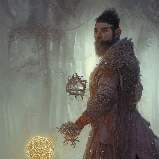 Insanely detailed landscape of an “D&D twilight cleric holding glowing D20” with intricate detailed beard,high and tight hair cut,40 years old, intricate clothing, hyperdetailed painting by Ismail Inceoglu Huang Guangjian and Dan Witz CGSociety ZBrush Central fantasy art album cover art,8K, hdr, mysterious, flickeringlights ,Stoic