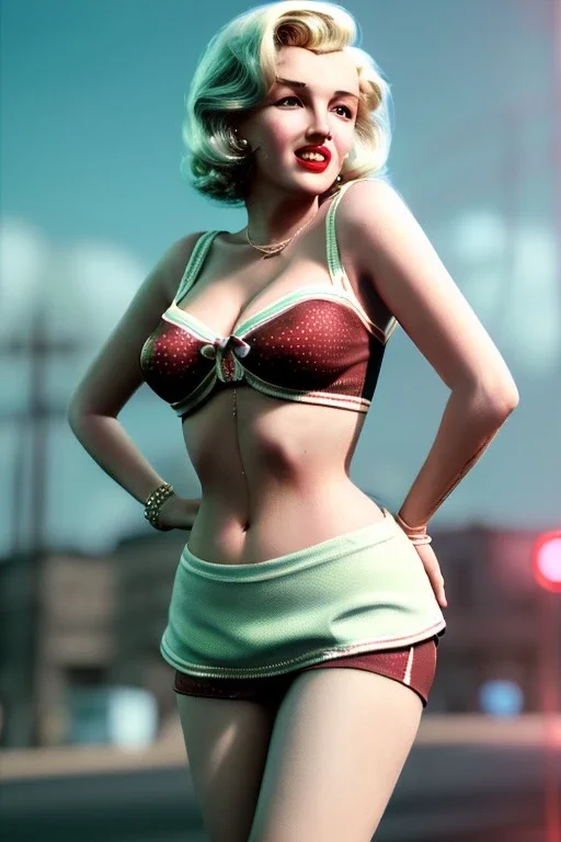 Ultra Realistic image, retro pinup, portrait, blonde woman, sweet Marylin Monroe face, perfect iris, glow eyes. skater waitress suit. soft color, highly detailed, unreal engine 5, ray tracing, RTX, lumen lighting, ultra detail, volumetric lighting, 3d, finely drawn, high definition, high resolution.