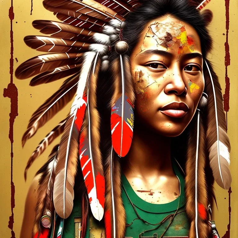 native American portrait, rust, scaffolding, iron cladding, decay, mixed media, dark textured, anatomically correct, beautiful perfect face, sharp focus, highly detailed