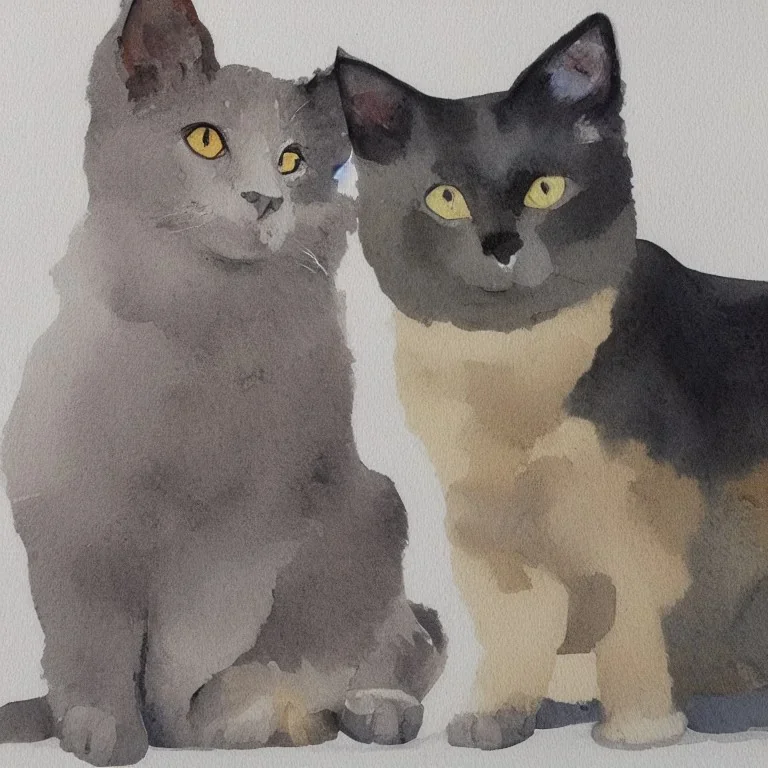 Pintura en acuarelas de un gato gris y un perro negro