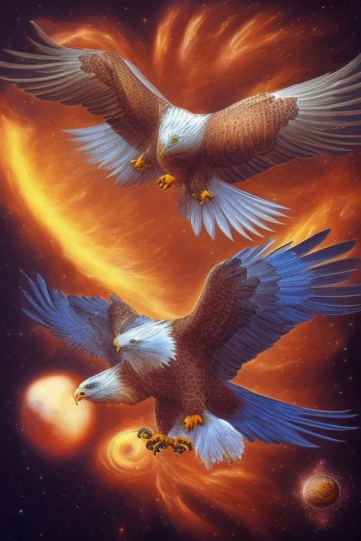 Eagle is flying in the space and is holding the earth in his claws. Surrealism.