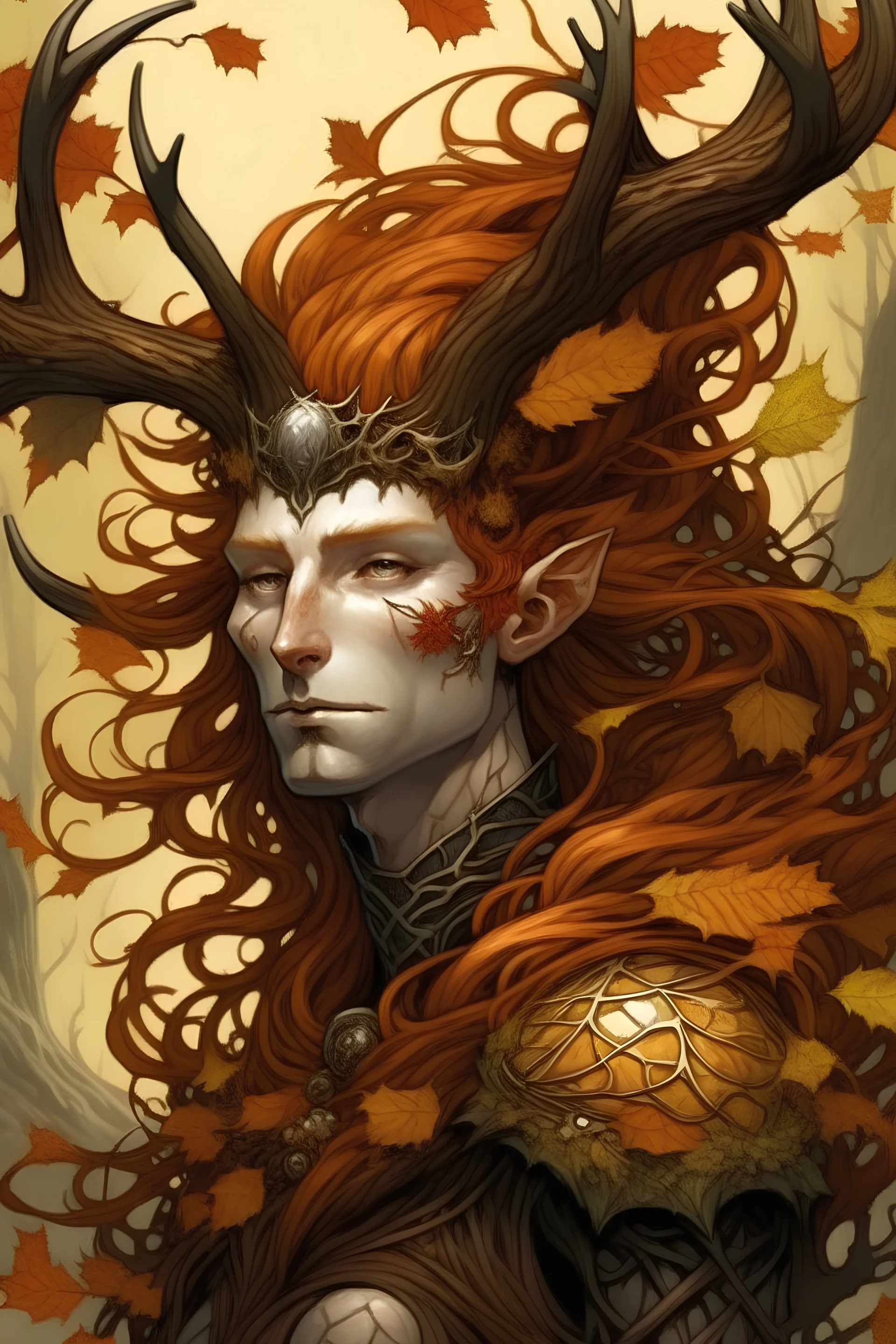 red hair autumn harvest Eladrin Male antlers full leaf bushy beard druid