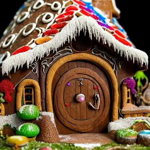 an intricate hobbit-style gingerbread house with rainbow sprinkles, frosting, hobbit-style,8k resolution, centered, high-quality, ultrafine-detail, digital art, detailed matte, volumetric lighting, illustration, 3D octane render, brian froud, howard lyon, ben goossens, George Grie, greg rutowski, alphonse mucha