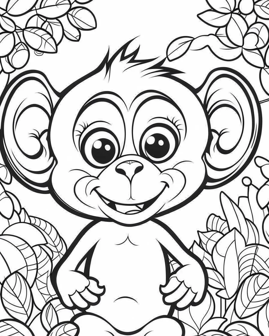 create a 2d black outline, "safari smiling cartoon baby monkey coloring book for toddlers", coloring page, low details design, black contour, coloring page design, simple background, colorful , card style, coloring page for kids, white background, sketch style, safari landscape, cartoon style