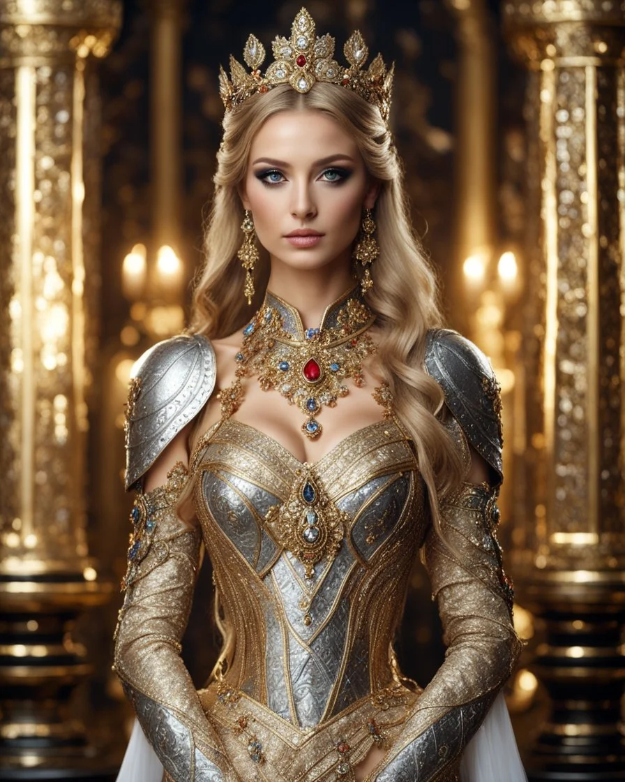 Realistic photography,front view,Beautiful Luxury Princess Russian Byzantine ,super model Byzantine Woman, pretty make up, blonde brown hair,dressing luxury party gown,looking at viewer,traditional dress ornaments Luxury gown Byzantine traditional, intricate soft armor, delicate golden and silver shine bright, black metalic parts, detailed part, jewelry diamonds,dynamic pose,luxury background, dynamic lighting, red hour,portrait