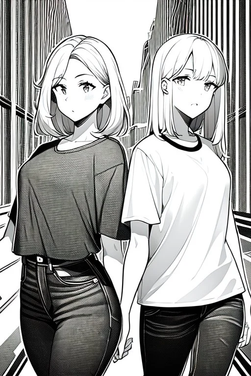 two girls dressed in jeans and a T-shirt walk in the city, line arts, greyscale