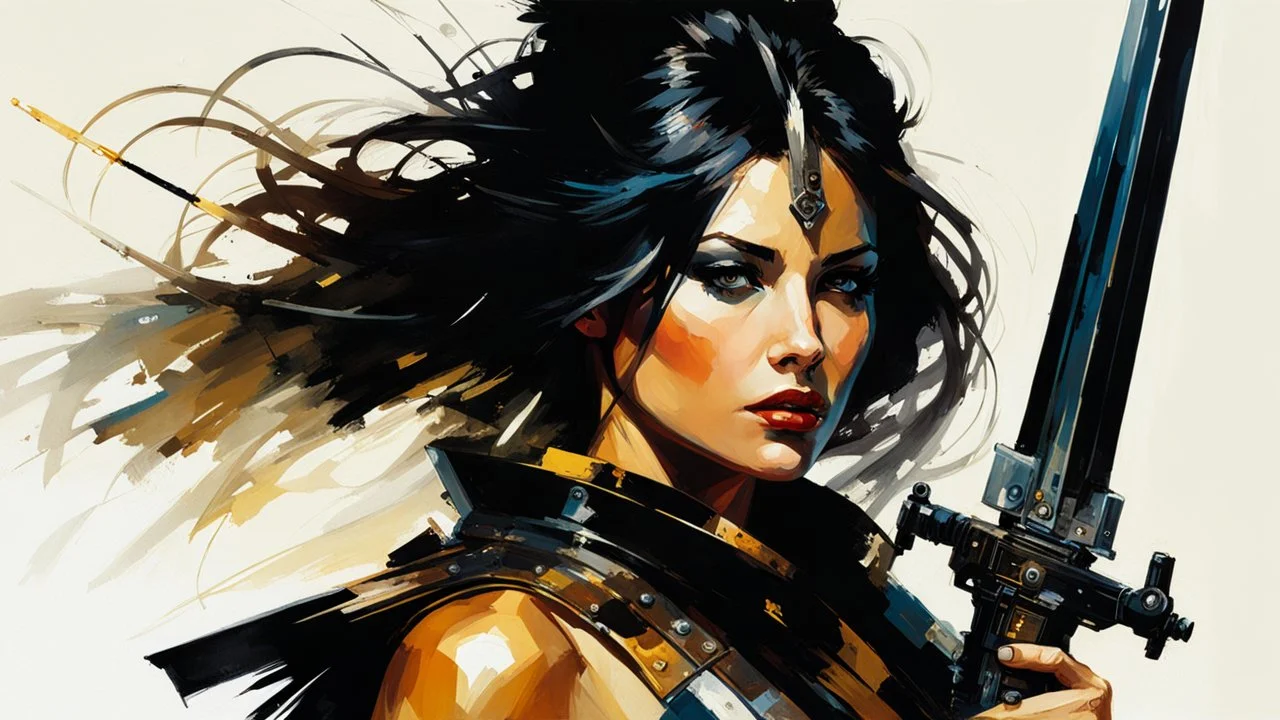 portrait of a woman warrior, weapons :: Robert McGinnis + Jeremy Mann + Carn Griffiths + Leonid Afremov, clear contours, detailed