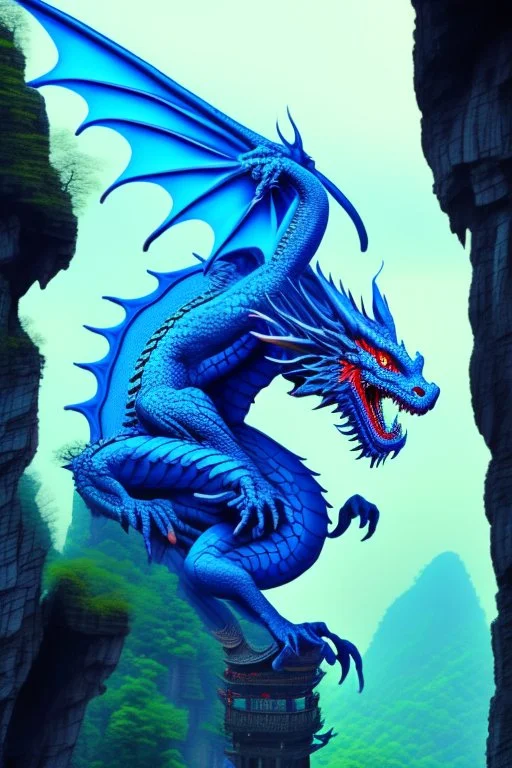 fantasy oriental blue dragon on top of Zhangjiajie