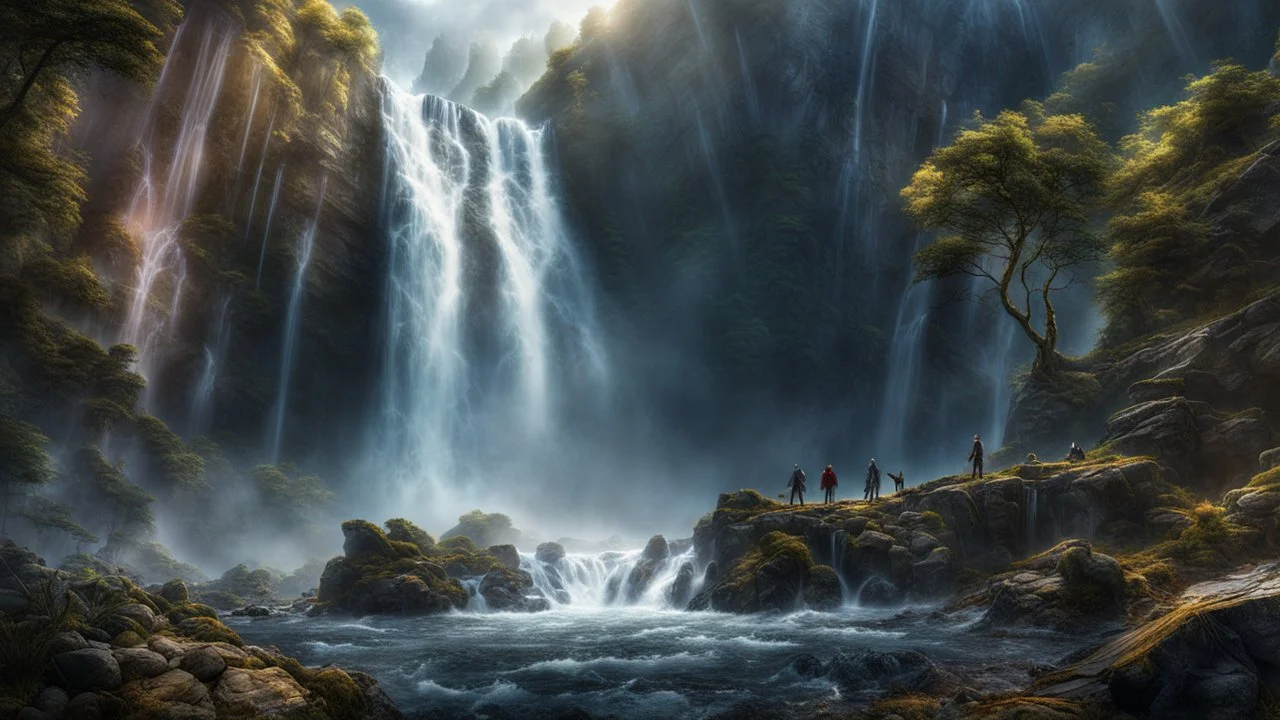 undeads falling from the top of a 3.000 feet high waterfall. fantasy setting, horror. exquisite realism, a masterpiece, fantasy concept art, dynamic lighting, hyperdetailed, intricately detailed, deep color, Unreal Engine, volumetric lighting, Epic cinematic brilliant stunning intricate meticulously detailed dramatic atmospheric maximalist digital matte painting