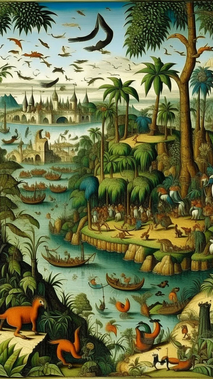 Bosch paint style nightmare, a city with green date palms trees and river and birds and boats and animals