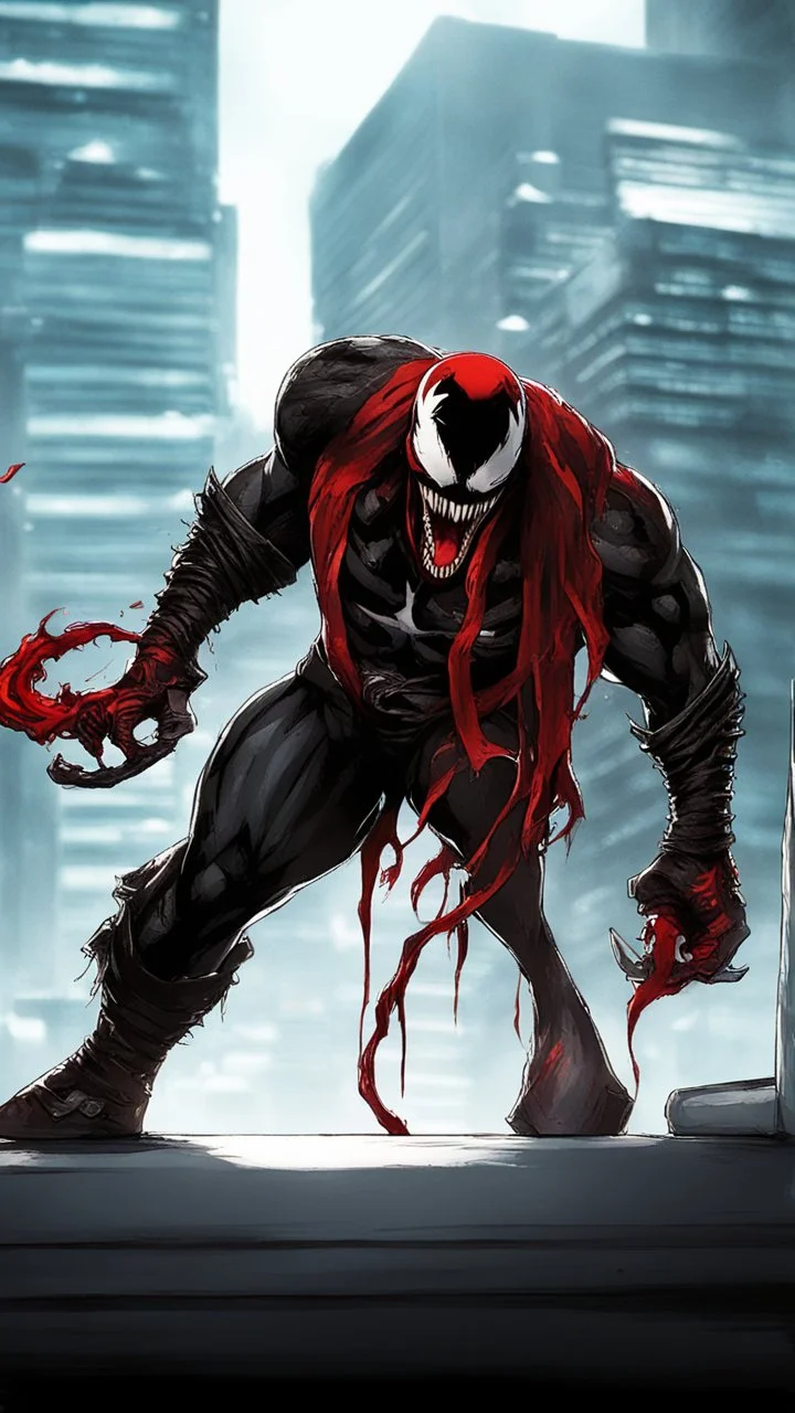 A close picture of Venom symbiote with kratos red tattoos and Clothes, holding blade of choice