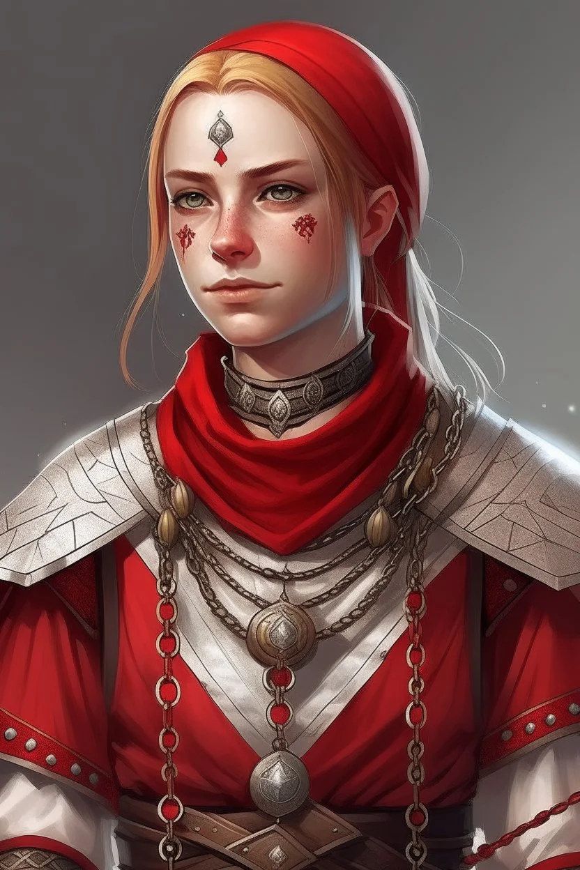 22-year old, nordic looking female human cleric with a necklace of red beads, wearing scale mail