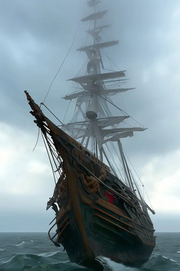 Ship front view. Spider figurehead in dark stormy weather