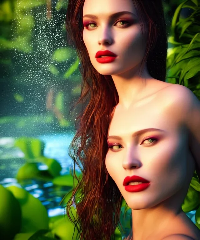 Realistic detailed perfect face portrait of a insane young beautiful top model woman in short open dress. Sensual, volumetric lighting, Unreal Engine 5, 3D Animation Quality, Octane Rendering. A masterpiece. She's in water, garden, trees. vivid colors. Perfect face