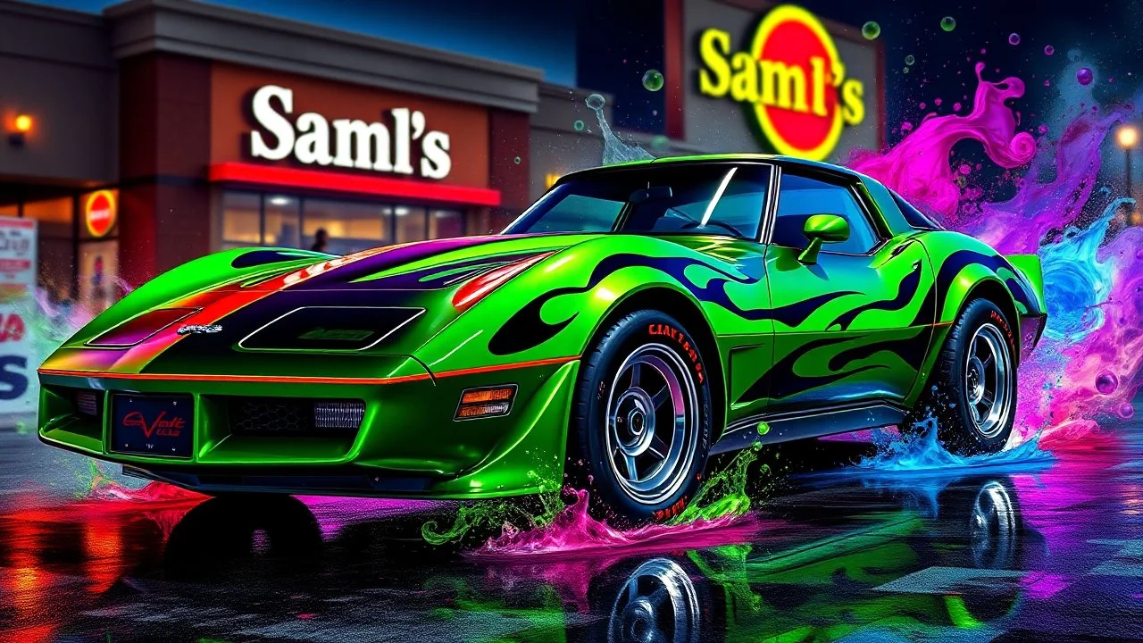 suped up 1979 corvette stationwagon green with black flames outlined with a thin red pinstripe, in front of Sam's club, SuperSport car, impressive, VIP, award winning, detailed a colorful splash of steampunk bubbles , amazing splashscreen artwork, photoshop water art, liquid painting, swirling paint colors, ink splash, physics splashes of colors, colorful swirls of paint, paint splashes, swirling paint, painting of splashing water, splashes of liquid, cgsociety saturated colors,