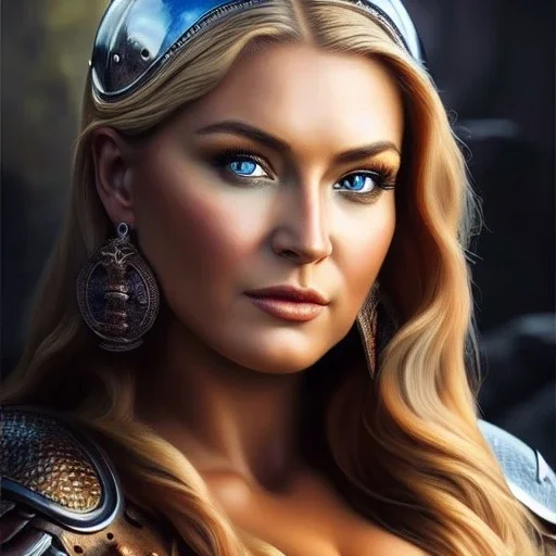 Ultra detailed fullbody Portrait in oil on canvas of beautiful busty female Viking with armor,helmet,extremely detailed digital painting,ultrarealistic skin,intense stare, extremely detailed face, crystal clear eyes, mystical colors ,perfectly centered image, perfect composition, rim light, beautiful lighting,masterpiece ,8k, stunning scene, raytracing, anatomically correct, in the style of Simon Bisley and Ohrai Noriyoshi and robert e howard and Steve Jung and Wizyakuza and uncannyknack.