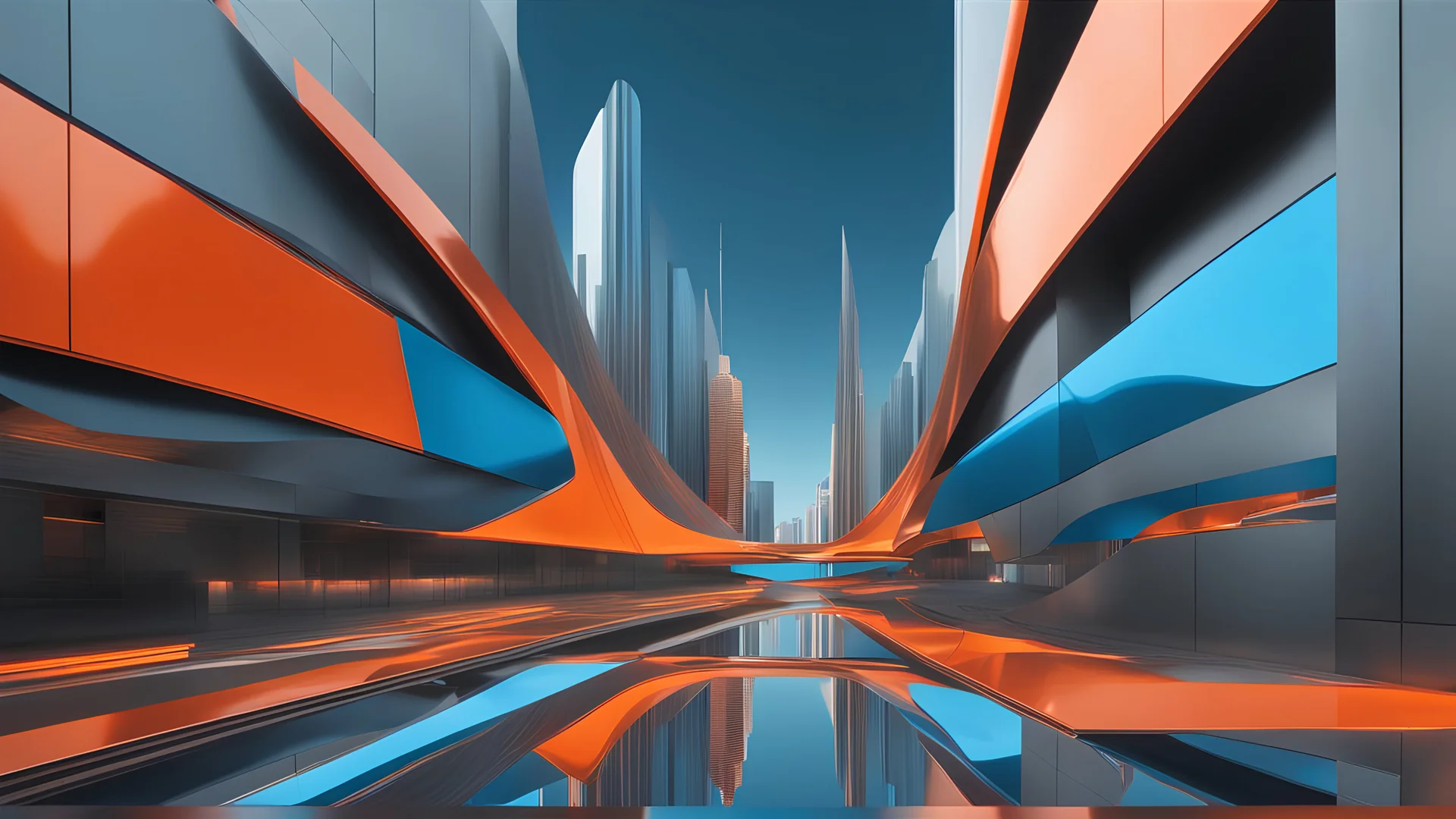 (hustle and bustle:55), (loop kick:20), (deconstruct:28), retro futurism style, urban canyon, drone view, perfect loops, amazing reflections, excellent translucency, hard edge, colors of metallic orange and metallic steel blue