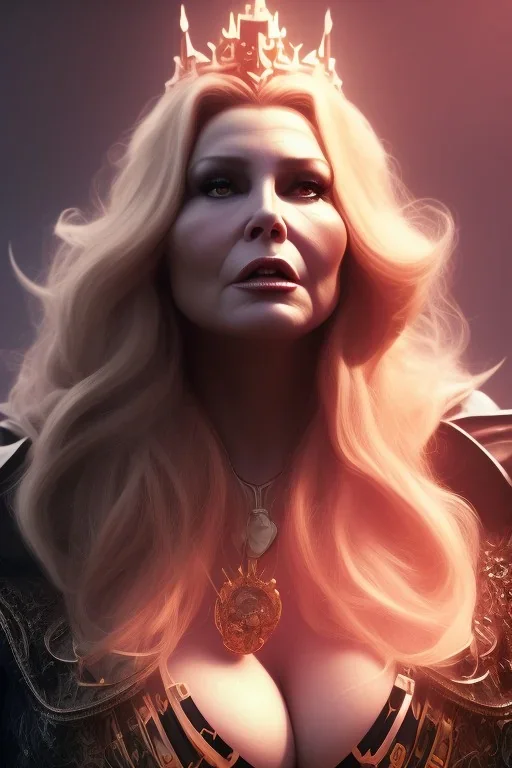 Jennifer Coolidge as evil queen in black leather, busty, cleavage, angry, stern look. character design by cory loftis, fenghua zhong, ryohei hase, ismail inceoglu and ruan jia. unreal engine 5, artistic lighting, highly detailed, photorealistic, fantasy