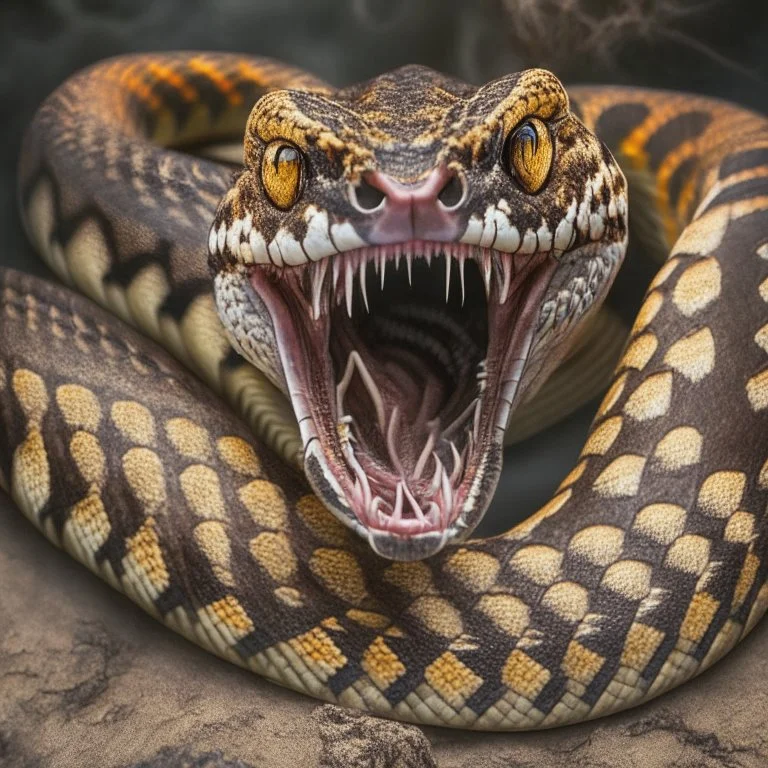 A coiled viper with its fangs bared