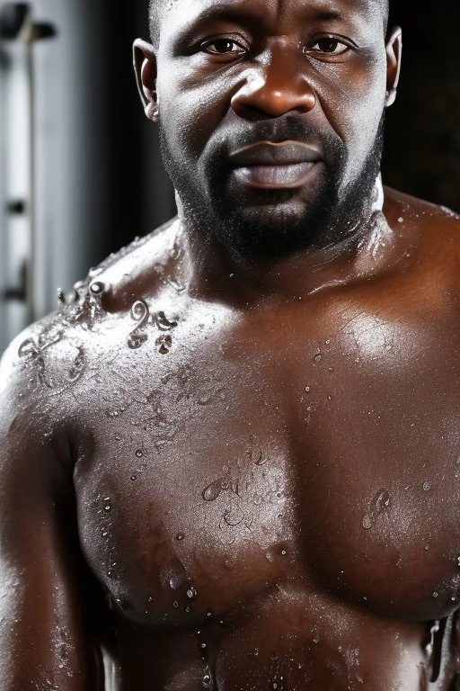 close up 48 years old nigerian carpenter man hands behind the head , in an abandoned warehouse, serious, bearded burly chubby , serious eyes, under the shower, wet, dripping water, manly torso, photorealistic, 50mm photo, ambient occlusion , side view from the ground