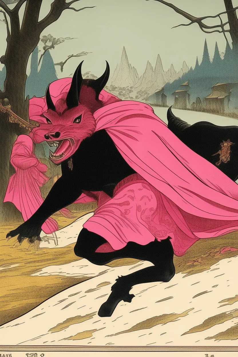 batman adult wearing a bright pink tutu, running away from wild boars. Samurai aesthetics poster 1900.