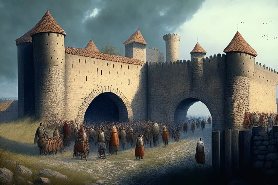 Germanic fortress from the 1500s with people at the gates