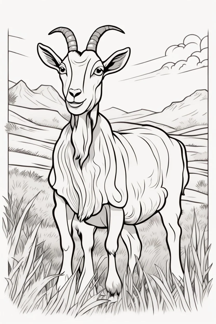 coloring page, goat in meadow, cartoon style, thick lines, low detail, no shading