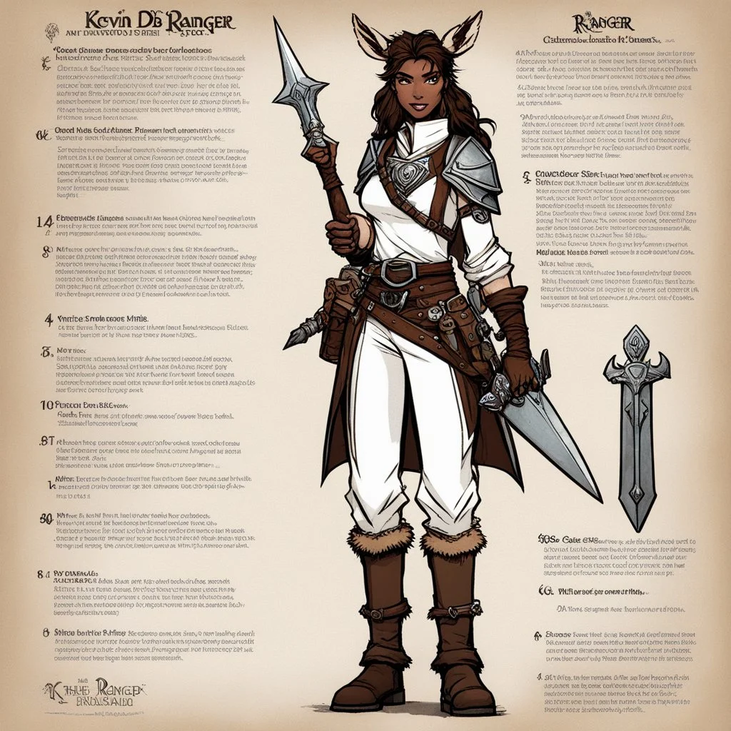 character concept sheet with AD&D statistics and characteristics, [illustration by Kevin Eastman and Peter Laird] she is a ranger: her totem is a deer like a second skin of dark magic. Clad in a white tunic, brown pants, and a leather belt with mysterious pouches, her silver dagger in hand.