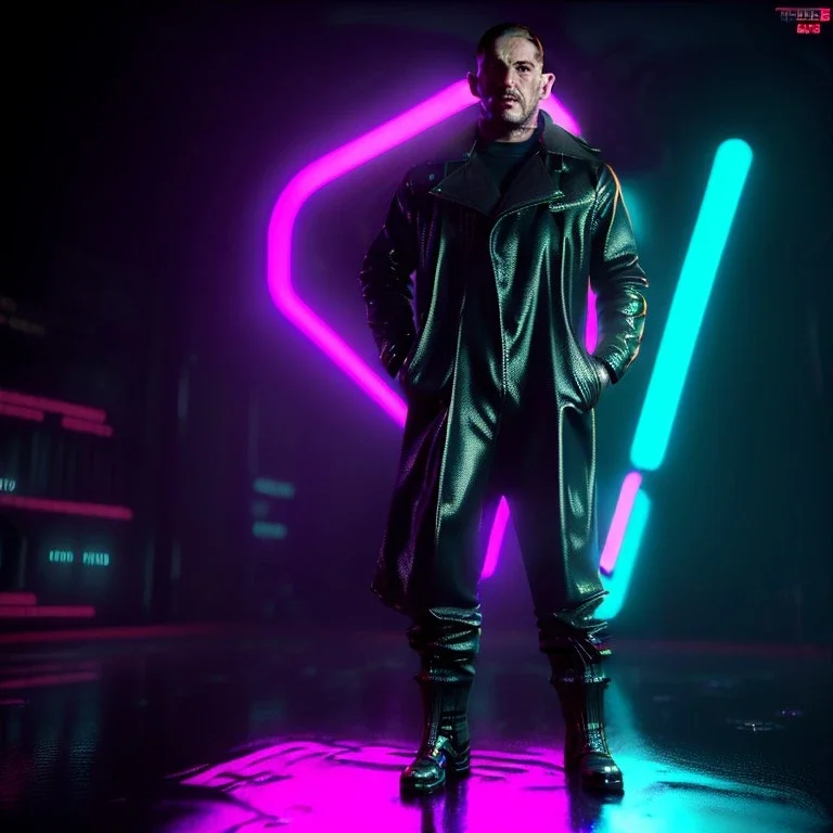 Actor, tom hardy, blade runner style, rain, fog, neon ambient, gradient color, clean skin, circuits, latex coat, cyber punk, neon, tubes, portrait, studio photo, unreal engine 5, smooth color, 16 bit, god lights, ray tracing, RTX, lumen lighting, ultra deatail, volumetric lighting, 3d, finely drawn, hd.