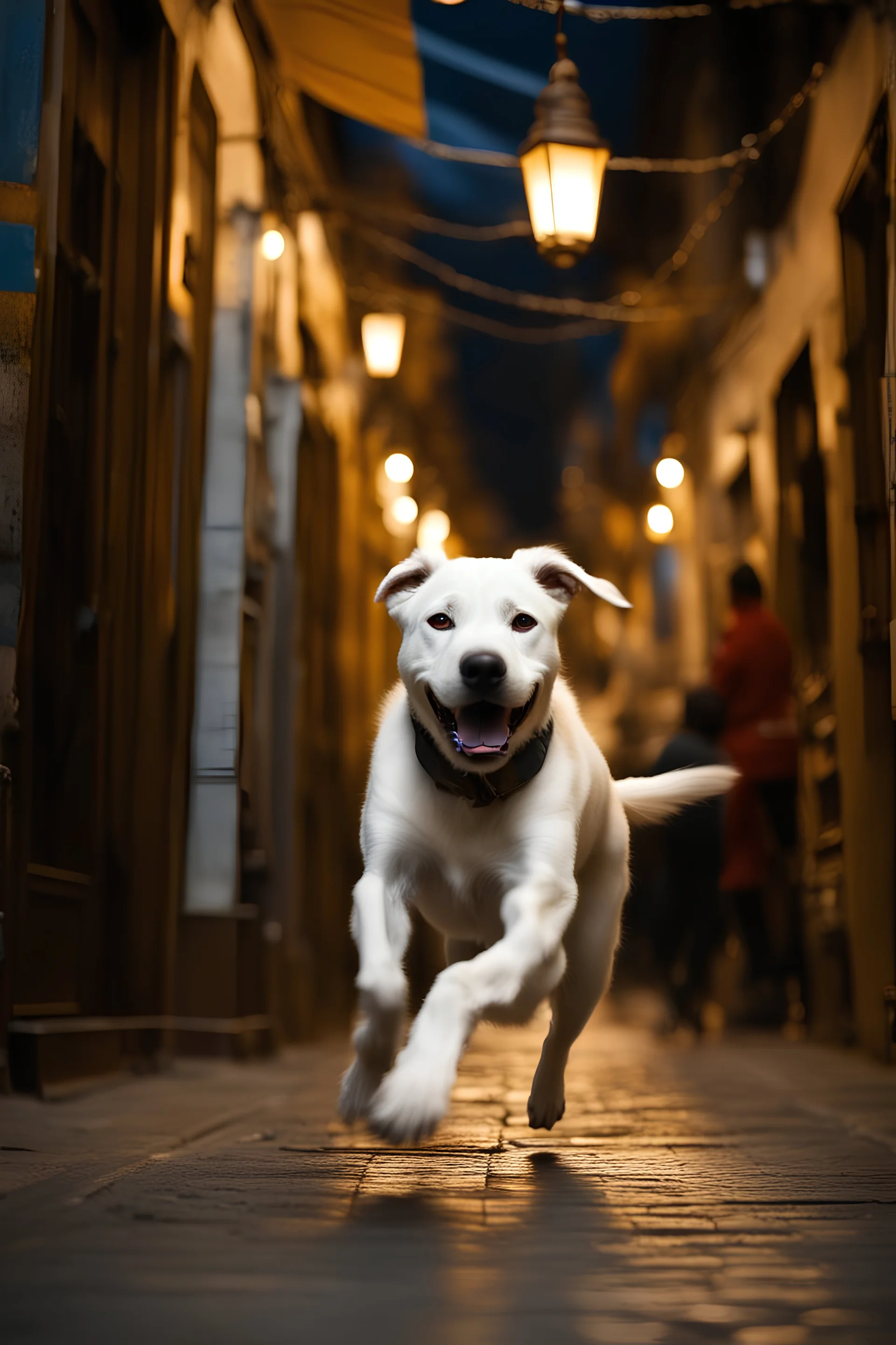 A DOGO running very fast in the old bazaar İstanbul, front shot, close up, National geographic style, motion blur, 8k, Fast shutter speed