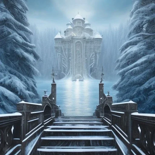 fantasy art, book illustration, wolf wizard,up the stairs of a bridge or dam ,icy water, on the bridge,seen from the tree tops