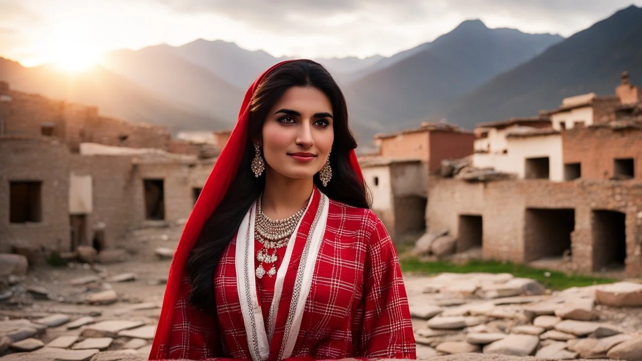 Aphotographic middle shot of a beautiful a young Pakistani pashto woman (age 25 with beautiful black hair and pretty eyes) in a beautiful traditional red and white checkered dress with white dupatta happily standing outside village houses made of rocks & bricks with mountains behind her at beautiful cloudy sunset with sun-rays on her face showing cinematic And dramatic ambiance.