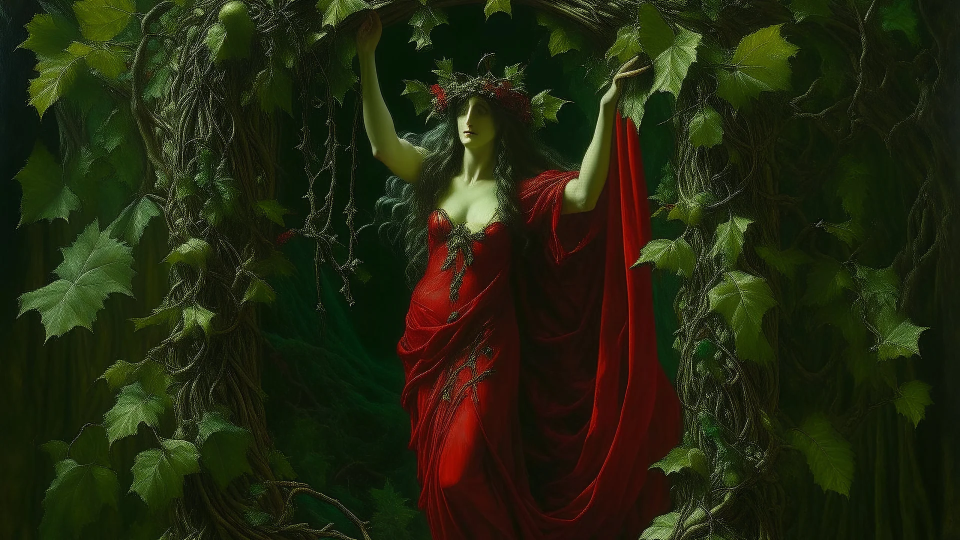 The image depicts a figure adorned with a crown of vines and leaves, symbolizing nature. The background features rich, deep colors, including a red drapery, adding a dramatic contrast to the figure. The overall composition suggests themes of beauty and connection to the natural world.