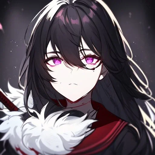 Clear focus, High resolution, rough line sketch art, long black hair, hair between eyes, fluffy hair, purple eyes, wearing a black and red sailor uniform, dark aura, mad, holding katana, bloody mess, glowing eye, looking down on viewer