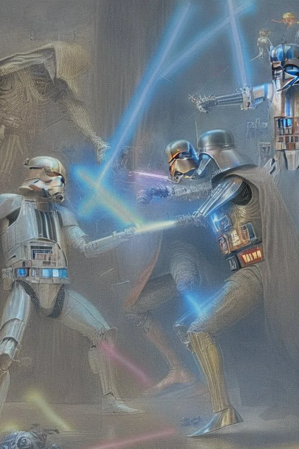 Darth Vader battling Luke Skywalker with lighsabres, while C3PO and R2D2 look on in horror.