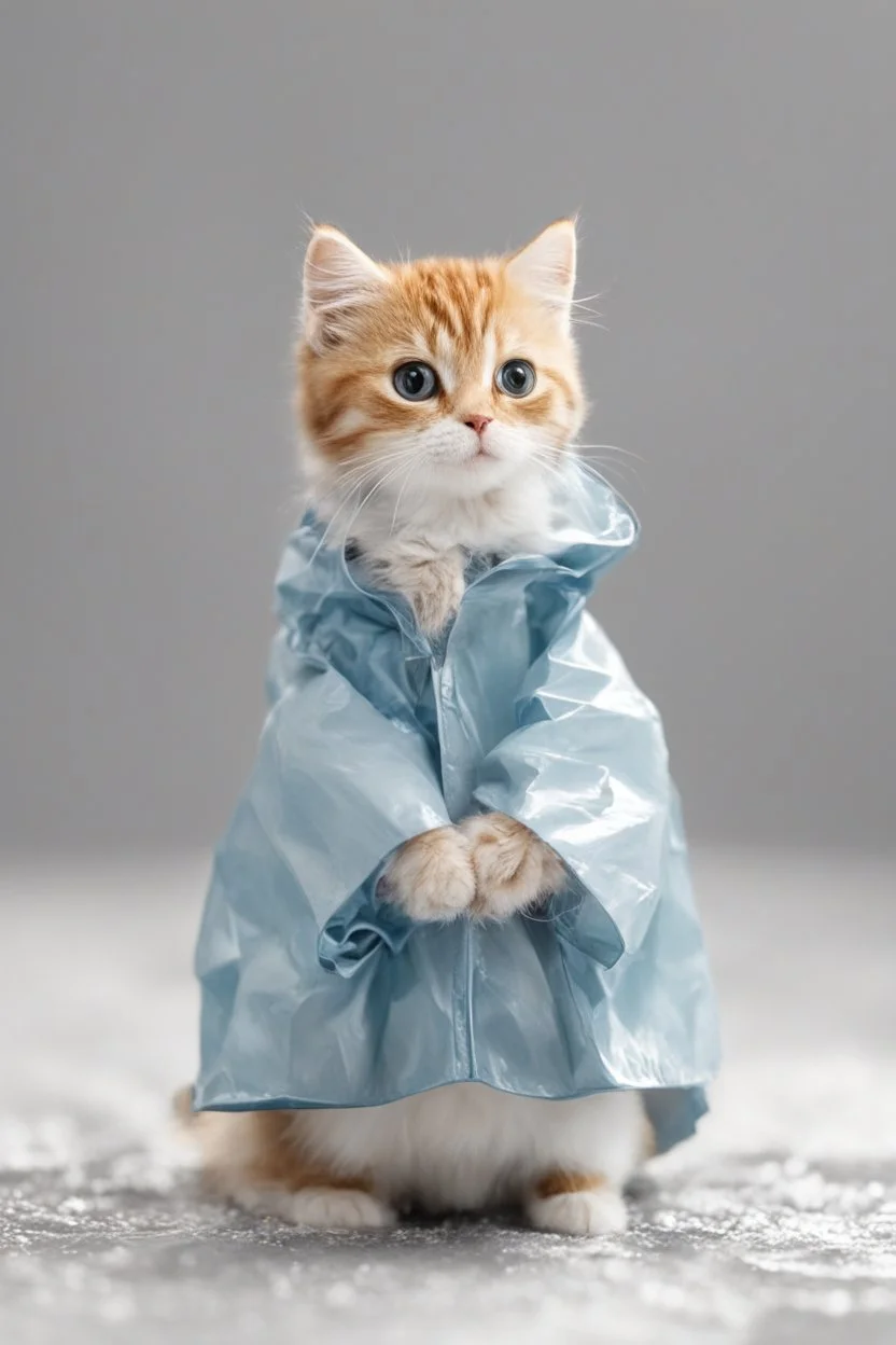 baby cat in raincoat. Chibi, Photograph, Canon DSLR, Tilt - shift, white background, high definition, Complete and coordinated composition, 8k