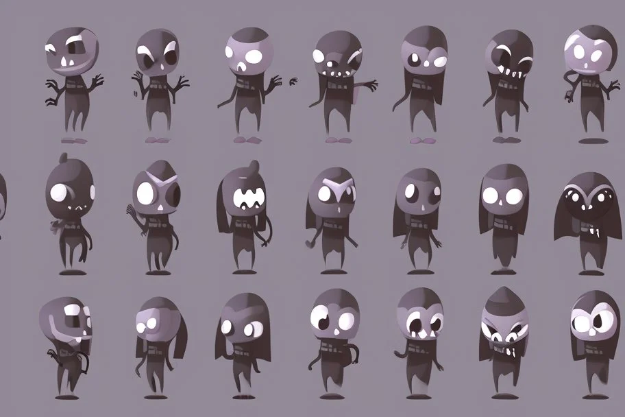 make a bunch of simple spooky and cute cartoon characters with bodies arms, and legs I could draw and make them all different