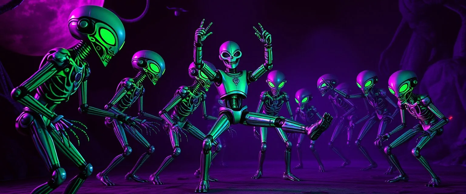 A robot named Dave started doing the splits, Blew a fuse in his hips and short-circuited his bits, The Martians went wild, the Plutonians screamed, Even black-and-white aliens turned ultraviolet green! in the style of fallout 4 and HR Giger