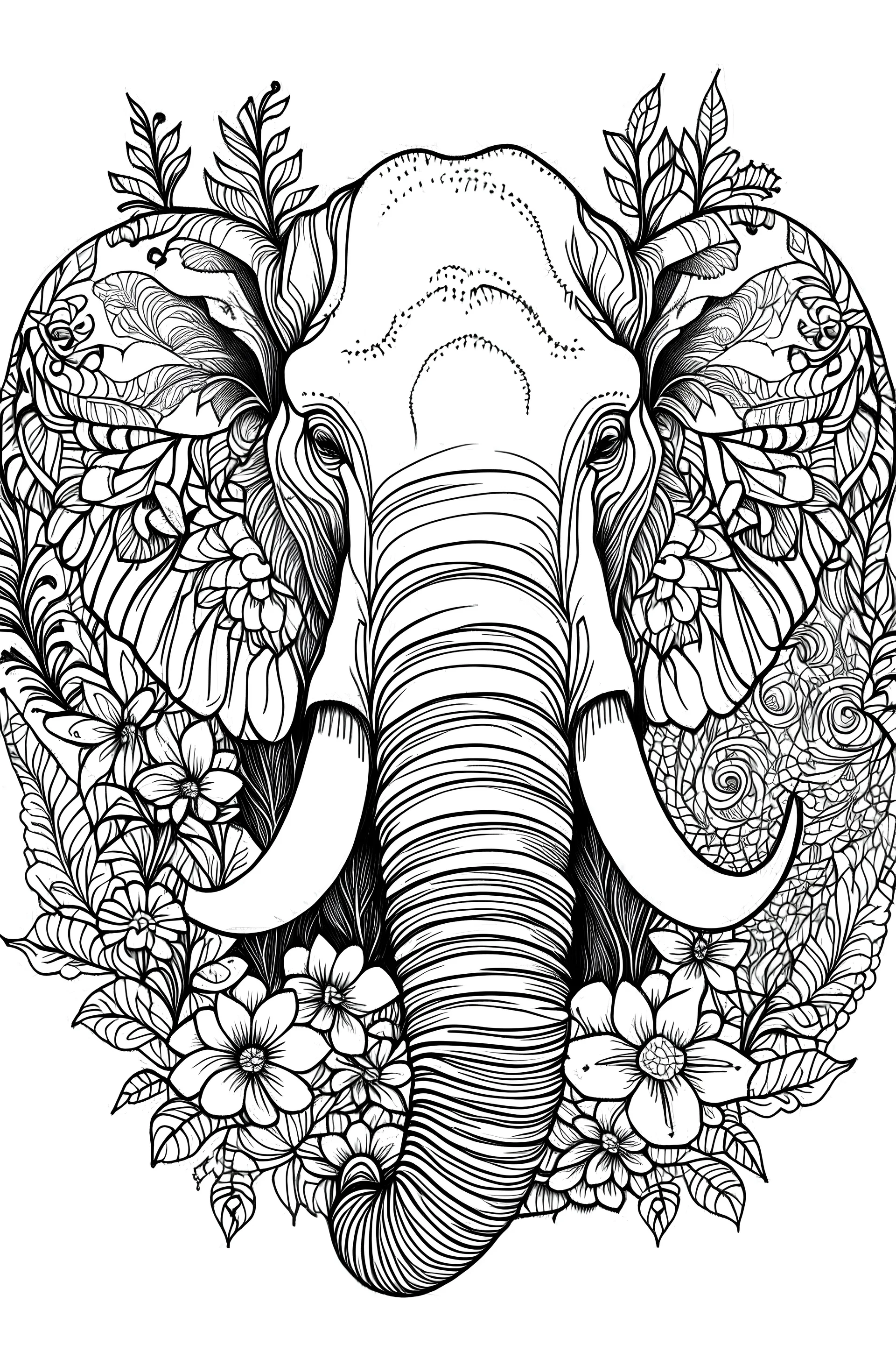 portrait of Mammoth and background fill with flowers on white paper with black outline only, style mandala