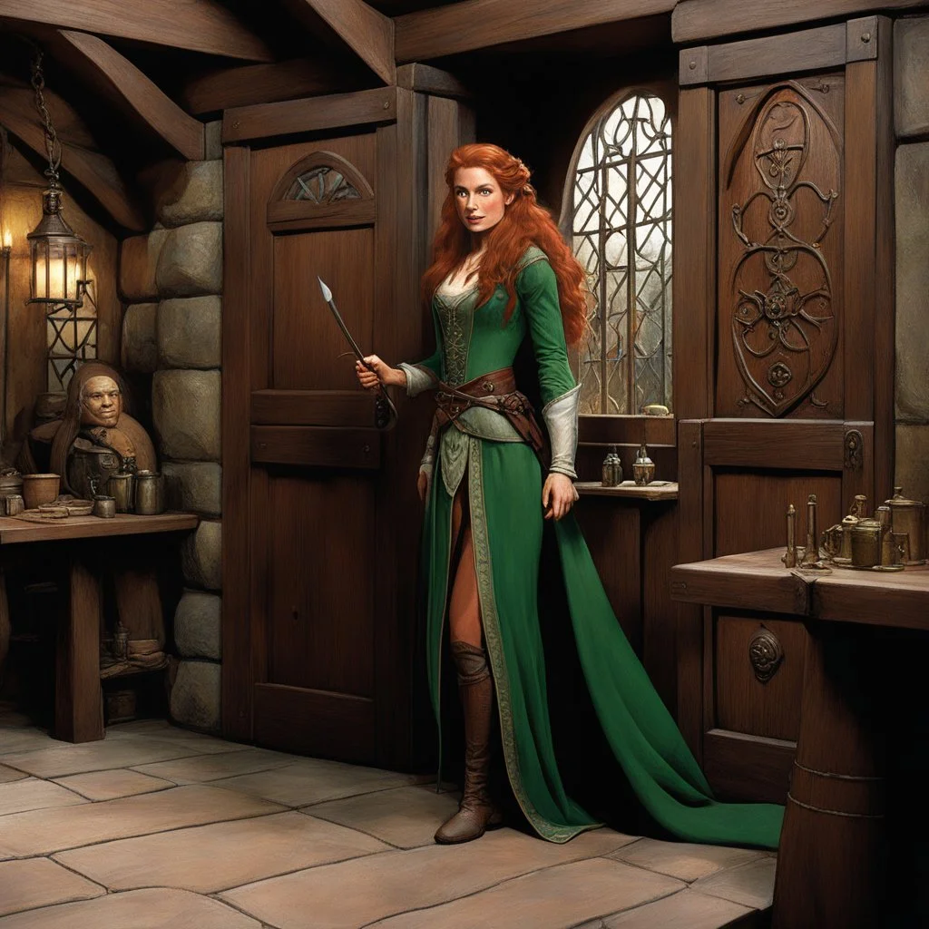 [high res photo by Ray Harryhausen, in the room of a tavern of middle earth] Minutes pass, and you hear footsteps approaching. The door creaks open, a woman enters. She's tall and statuesque, with long auburn hair and piercing green eyes. Her fine clothes mark her as a woman of means, and her demeanor suggests a mix of nervousness and intense desire.