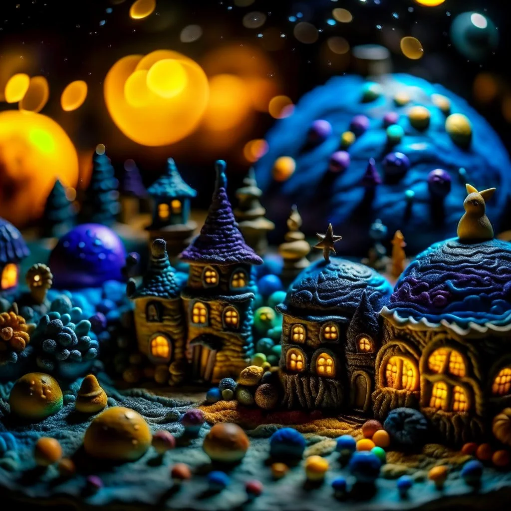 Detailed cozy landscape made of modeling clay, naïve, Tim Burton, stars and planets, Harry Potter, strong texture, extreme detail, decal, rich moody colors, sparkles, clean, bokeh, odd