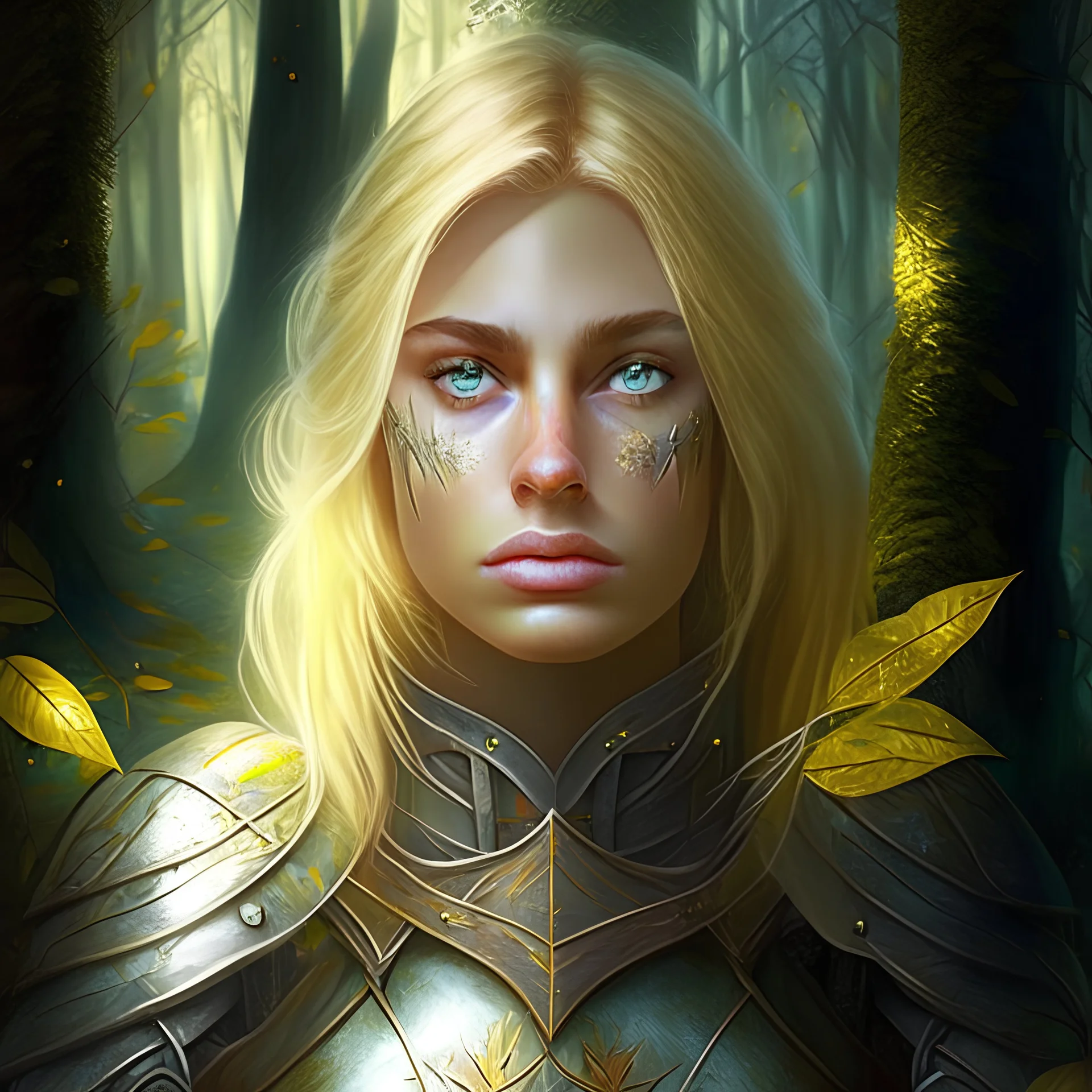 A blond knight woman mysterious, beautiful, with slightly hazel eyes, and possesses the element of forest